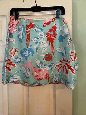 CK Bradley’s Silk Floral Parrot Print Mini Skirt in Aqua SZ 8